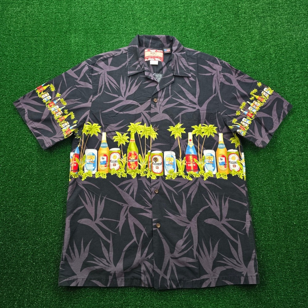 RJC Hawaiian Shirt Mens Medium Beer Bottle Can Print Aloha Made in Hawaii USA